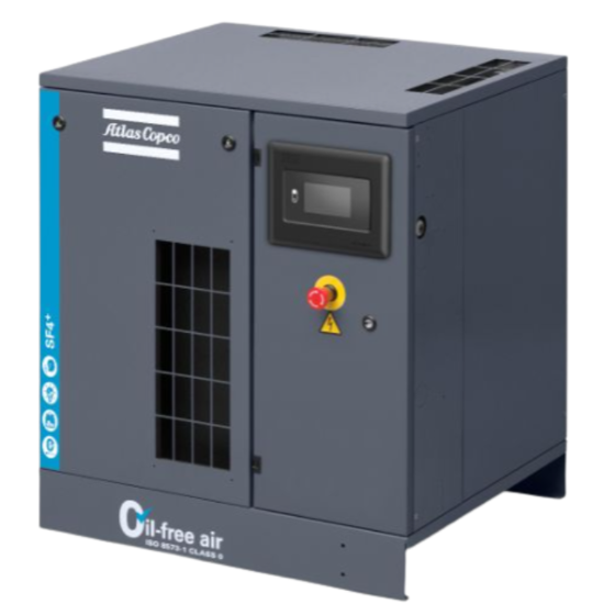 Atlas Copco SF+ Mono SF 4+ Oil-Free Air Compressor-grey body with blue strip down the side, front facing control panel